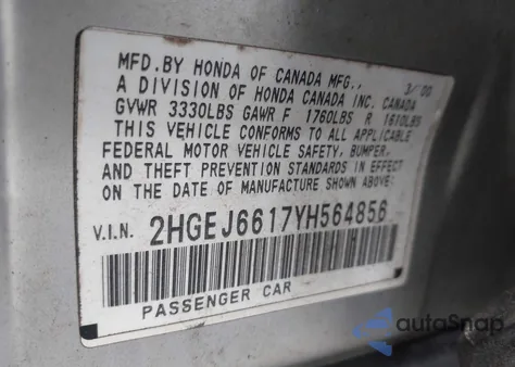 2000 Honda Civic Value Package z USA, uszkodzony, nr VIN 2HGEJ6617YH564856